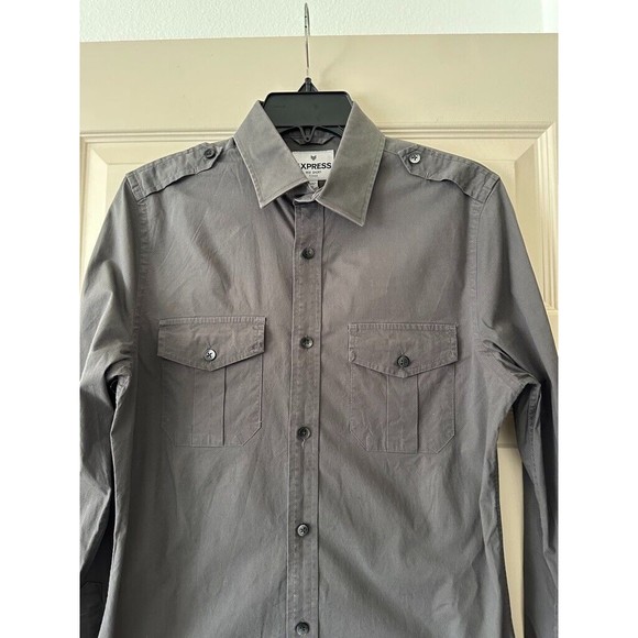 Express Fitted Stretch Cotton Shirt Mens S Small Roll Tab Sleeve Gray Blue LOT - Picture 3 of 16